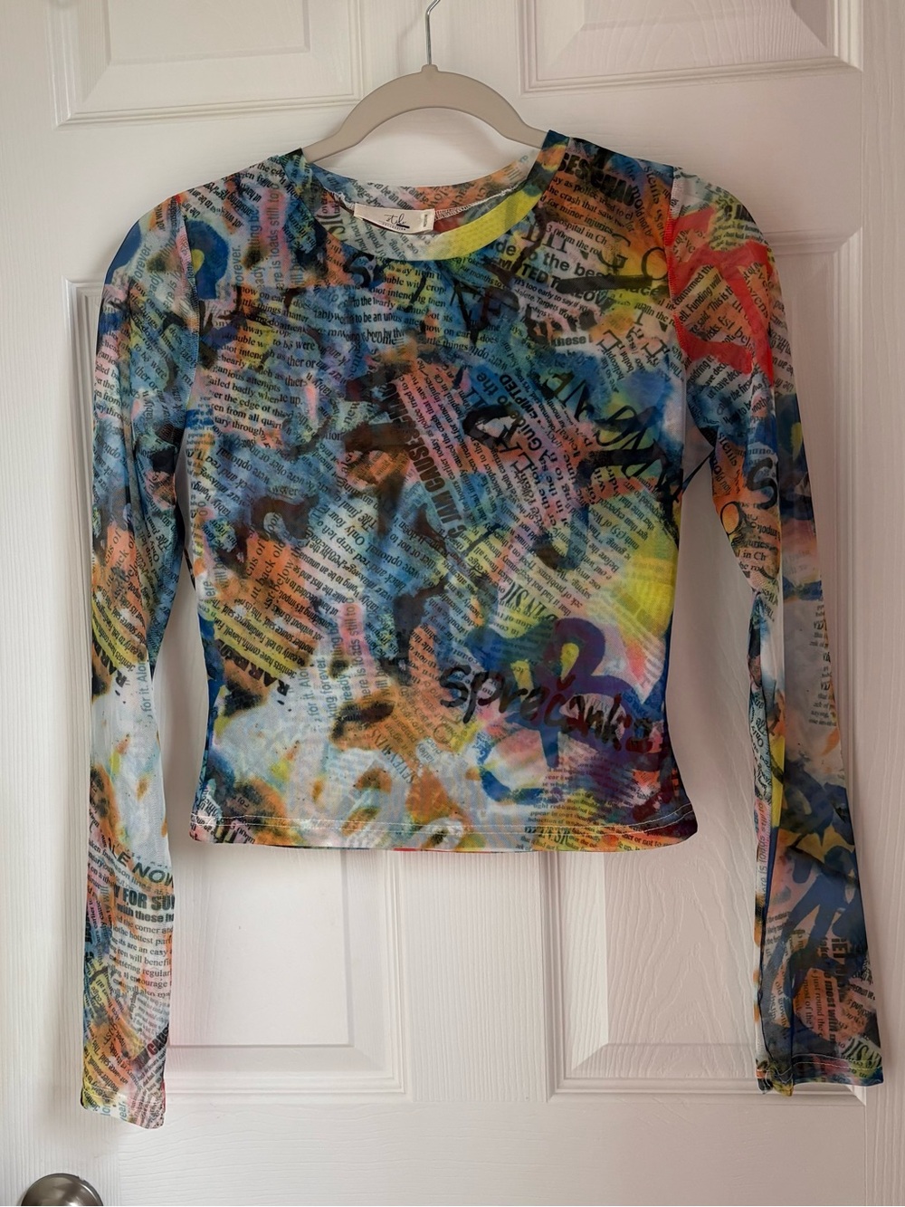 Colorful Graffiti Print Long Sleeve Sheer Crop Top NWT